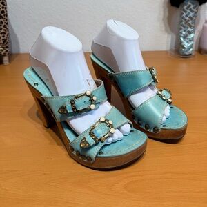 Diego di Lucca Teal Platform Mules with Strappy Design